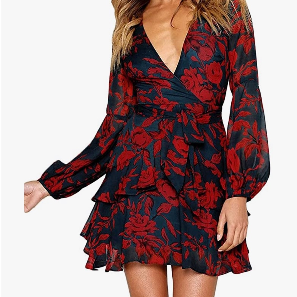Floral dark grey & red mini dress. Size small